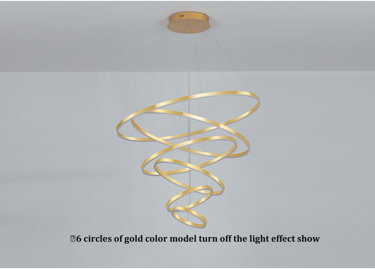 Modern LED Chandelier 6 Rings Gold with Remote Control for High Ceiling E67078