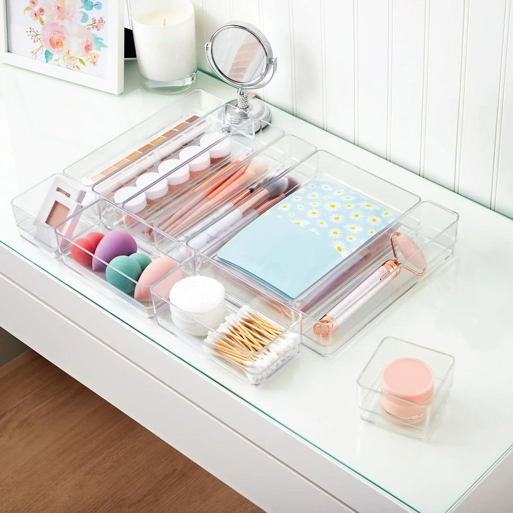 Stackable transparent drawer organizer set with multi-size trays F506863