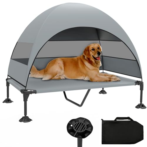 Elevated Dog Bed with Canopy, Raised Outdoor Dog Cot with Stable Anti-Slip Feet, Pet Bed with Removable Canopy Shade Tent, Dog Bed for Large Dog Indoor Outdoor (Grey, 50.0" L x 32.0" W x 42.5" Th)
