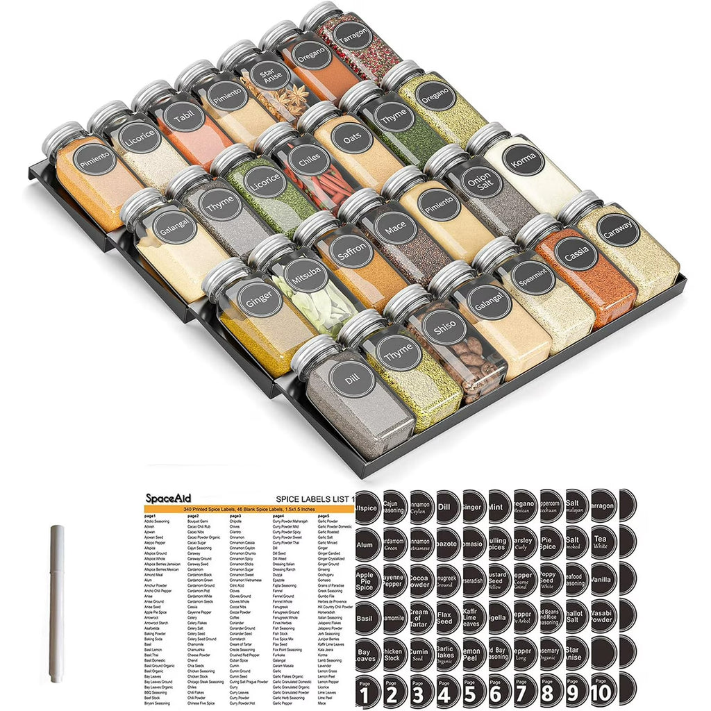 Drawer Organizer with 28 Spice Jars, 386 Spice Labels, 4-Tier Spice Rack Tray for Kitchen Drawers, 13W ​​x 17.5D