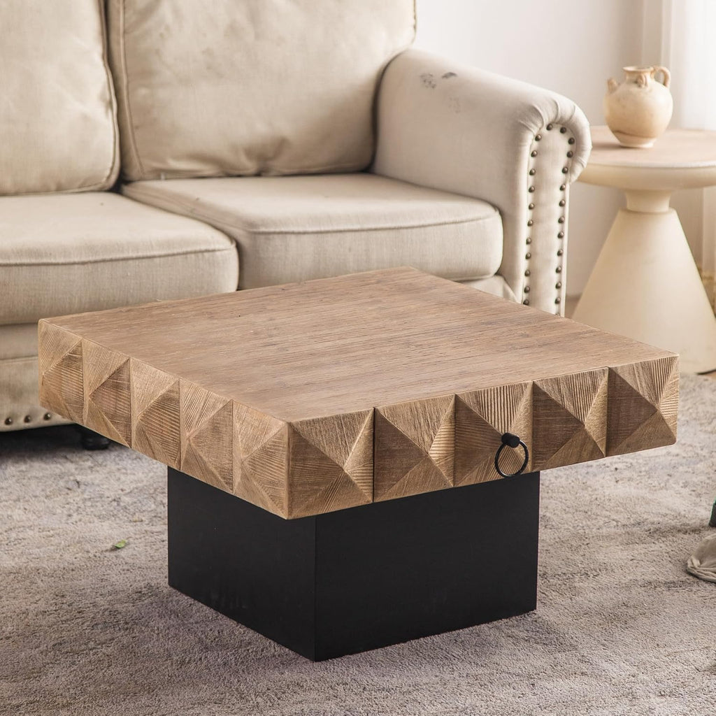 Square Coffee Table 32" Vintage Solid Wood with 2 Drawers R31230