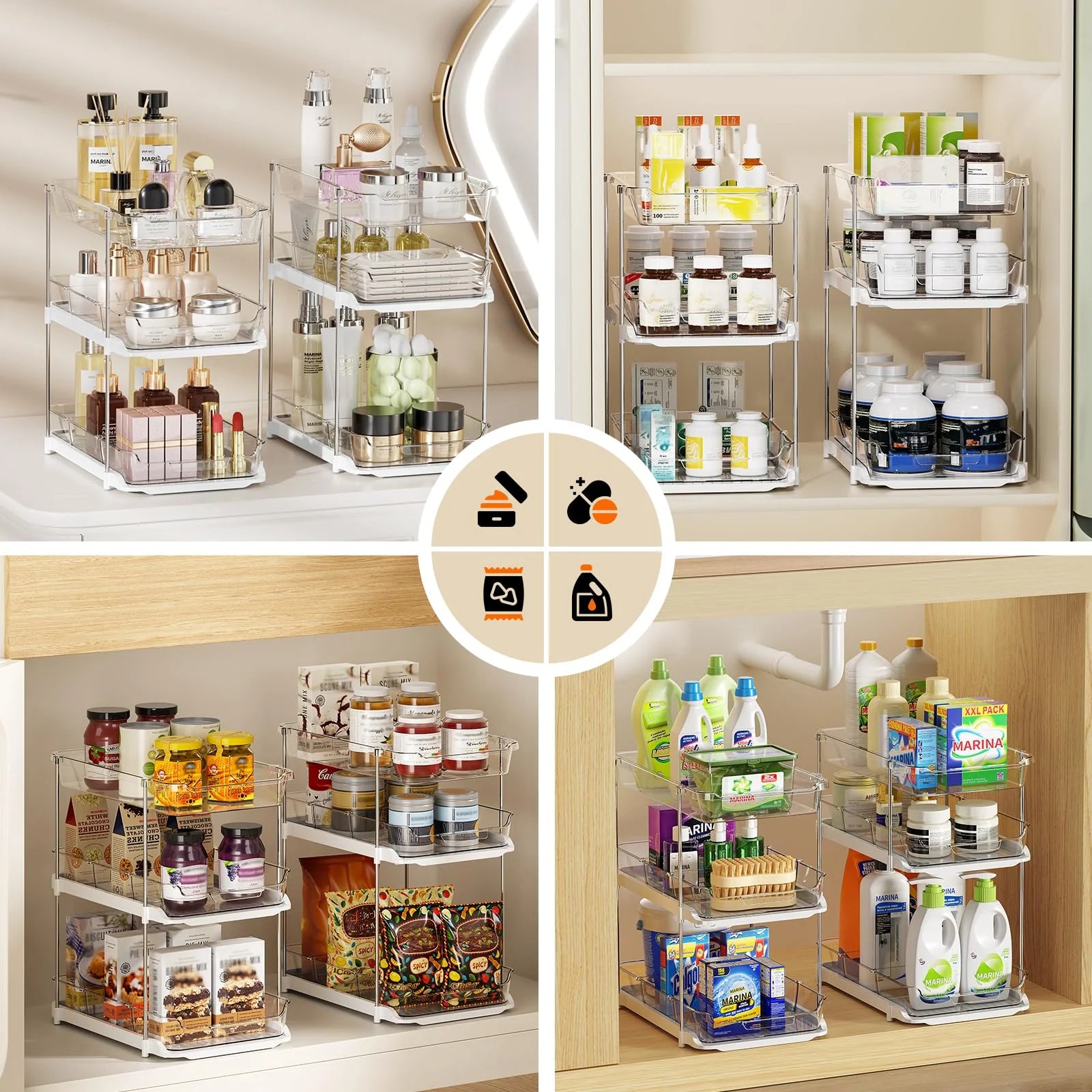 Under Sink Organizer 3 Tier Stackable Storage with Pull Out Drawers, White C19618