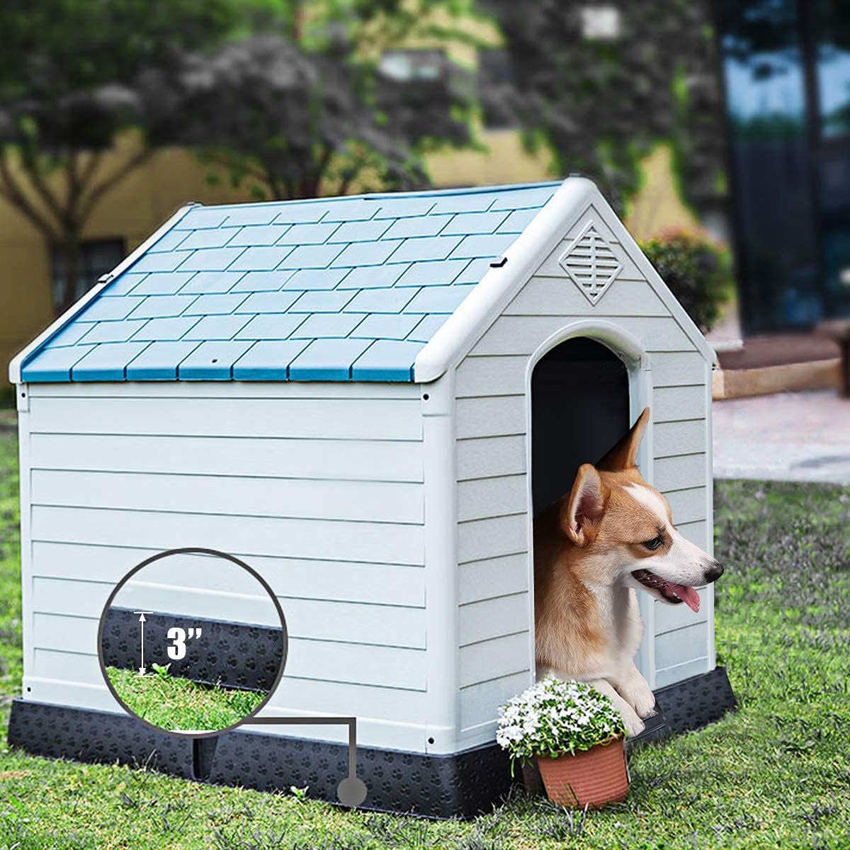 Waterproof Plastic Dog House with Elevated Floor and Air Vents W997587