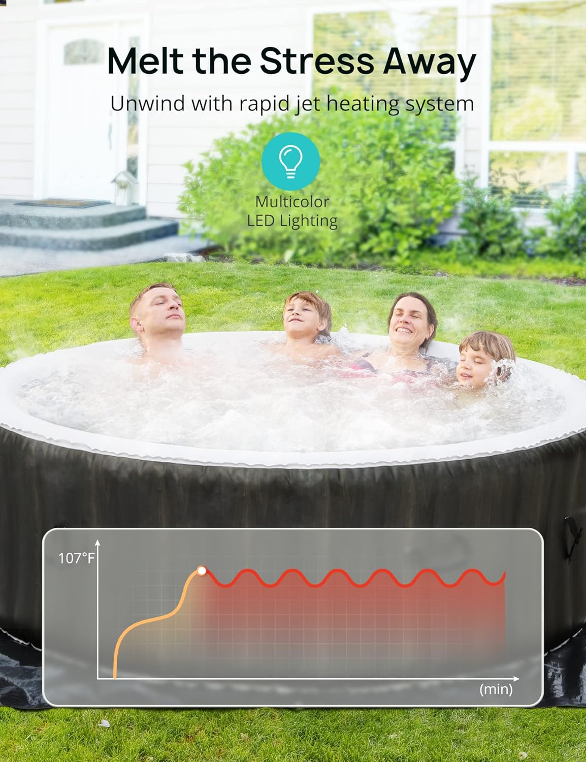 Portable Inflatable Hot Tub with LED and Heater Pump, 140 Air Jets, 4-6 Adults T698054
