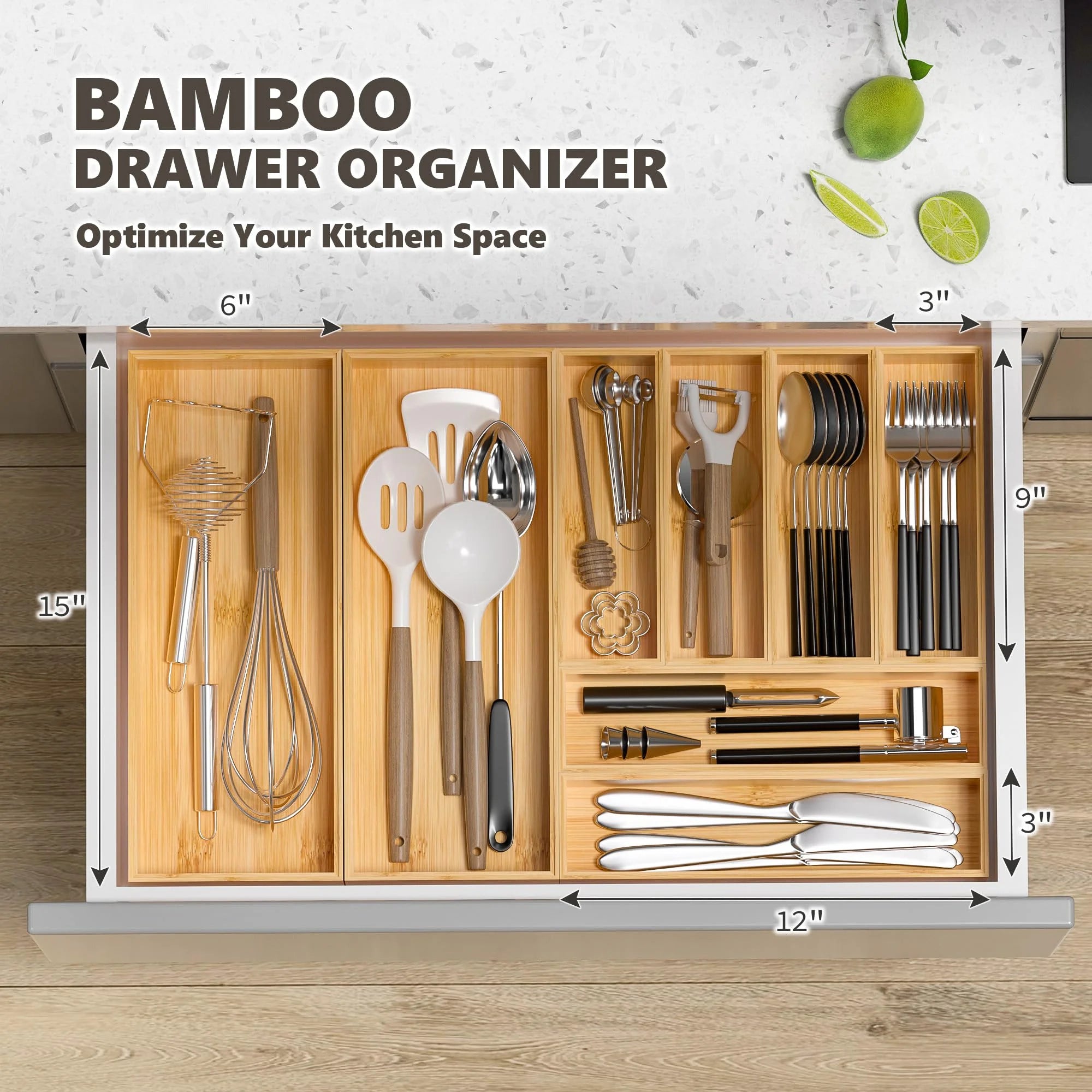 Bamboo Drawer Organizer, Stackable Utensil Tray, Set of 2 U1246