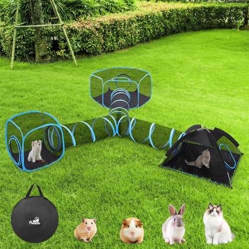 Outdoor Cat Enclosures for Cats Indoor, Patio Portable Mesh Cat Tent, Tunnel, Playhouse with Free Carry Bag & Metal Rod for Multiple Cats and Small Animals, includes Cat Playpen+Cat Tent+Pet Tunnel