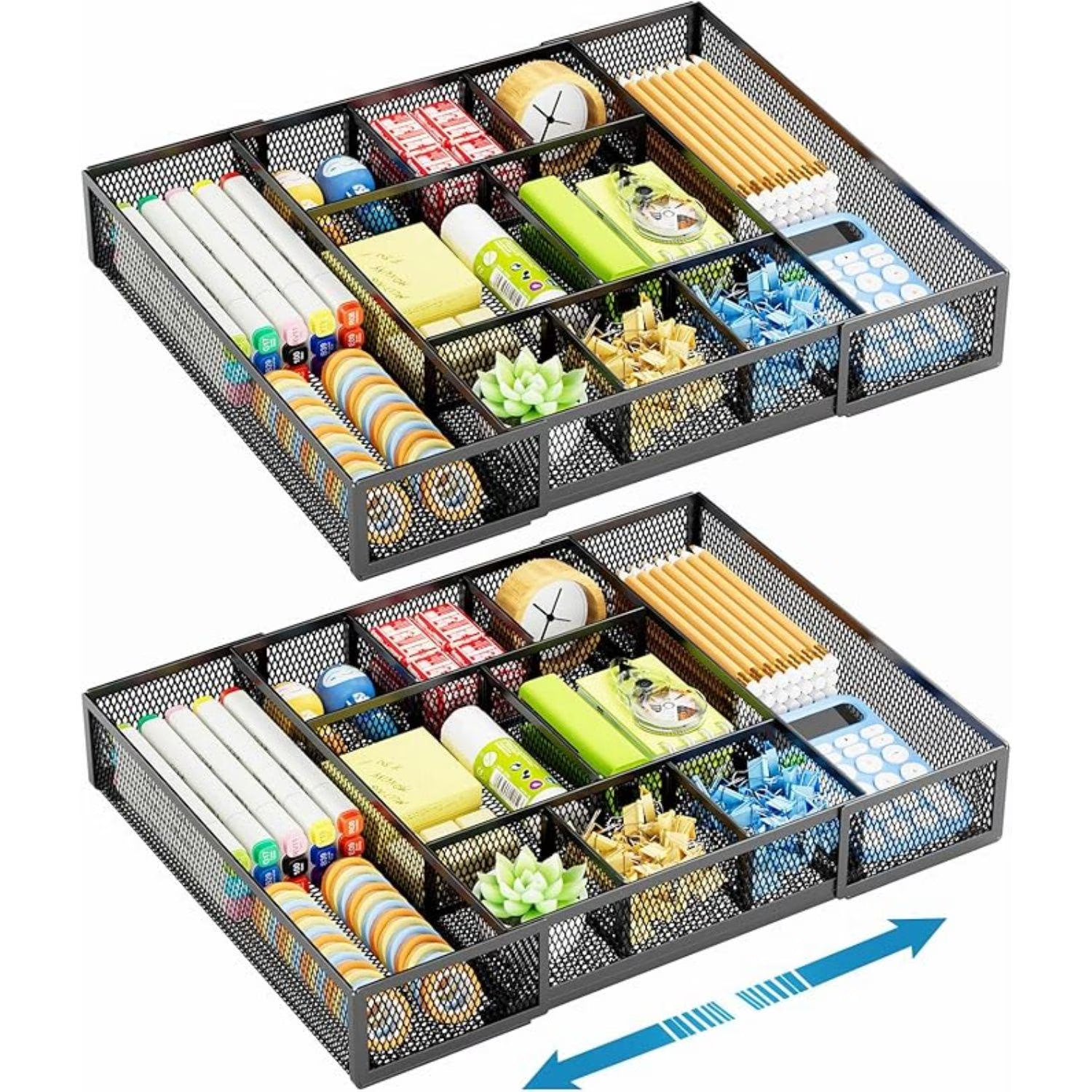 Expandable Desk Drawer Organizer, Mesh Drawer Organizer Tray with 10 Adjustable Compartments, Desk Organizers and Accessories for Office Supplies, Makeup &amp; Vanity
