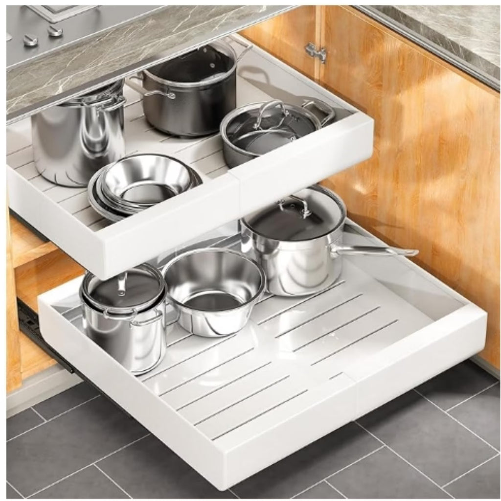 Pull out Cabinet Organizer, Expandable(11.7-19.7) Heavy Duty Slide out Drawers Fixed with Adhesive Nano Film for Pots, Roll out Shelf Storage for Kitchen Base Cabinet Organization(White)