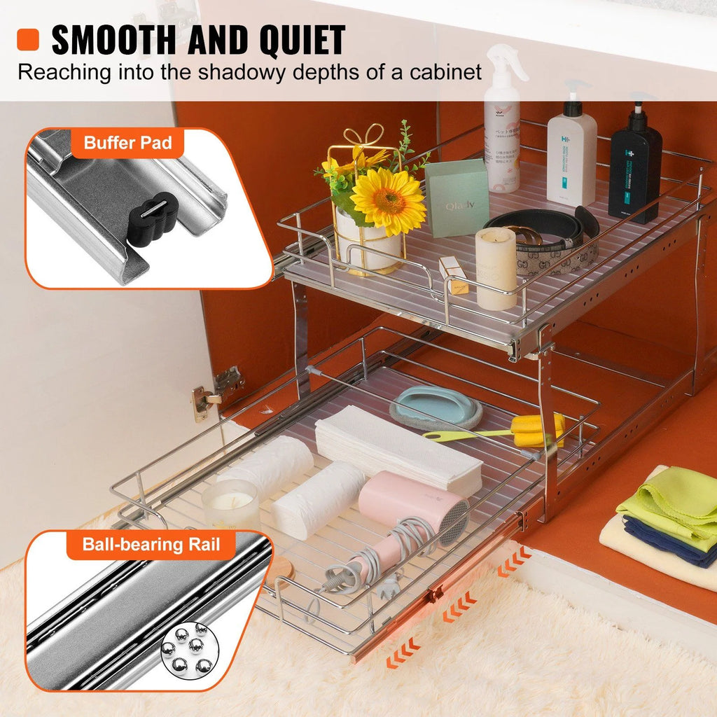 2 Tier Pull Out Cabinet Organizer, Chrome Steel Slide Out Shelves J23936