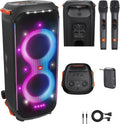 JBL PartyBox 710 800W Wireless, Bluetooth, Splashproof, Party Speaker with Lights (JBLPARTYBOX710AM) + Wireless Two Microphone System with Receiver + AUX Cable + Microfiber Cloth
