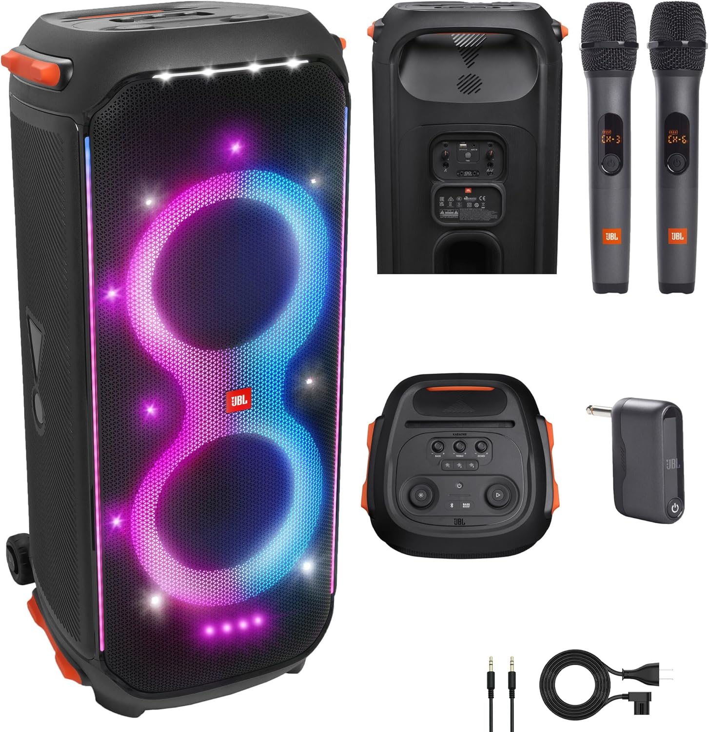 JBL PartyBox 710 800W Wireless, Bluetooth, Splashproof, Party Speaker with Lights (JBLPARTYBOX710AM) + Wireless Two Microphone System with Receiver + AUX Cable + Microfiber Cloth