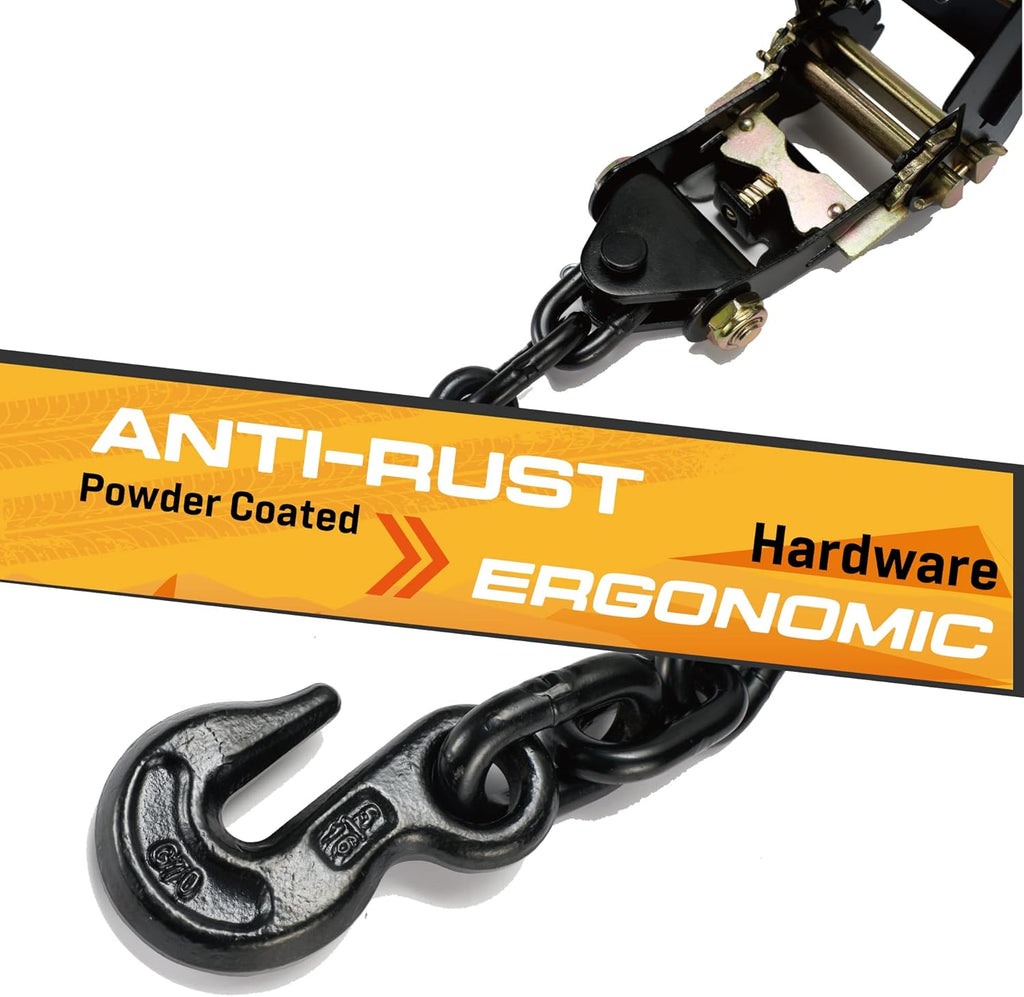 Ratchet Tie Down Straps with Chain Hooks 2" x 144' Heavy Duty for Truck & Trailer H161
