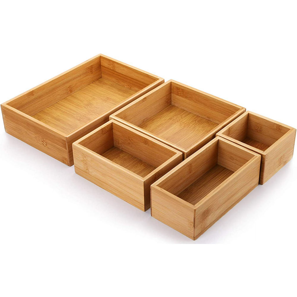 Set of 5 Bamboo Drawer Organizer Boxes, Desk Storage Box Kit, Drawer Storage Containers Tray Bins for Office, Kitchen, Bedroom, Children Room, Craft, Sewing