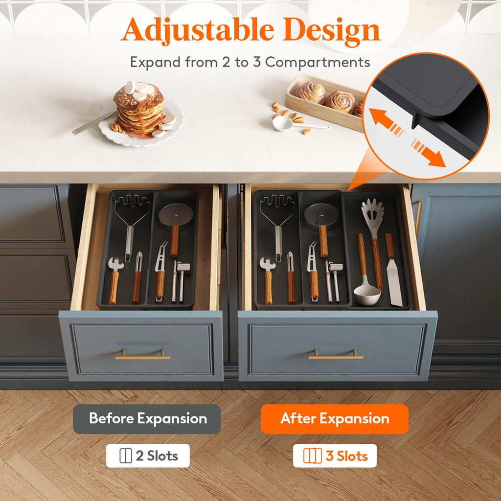 Expandable cutlery tray for kitchen utensils, 3 sections, black S83794