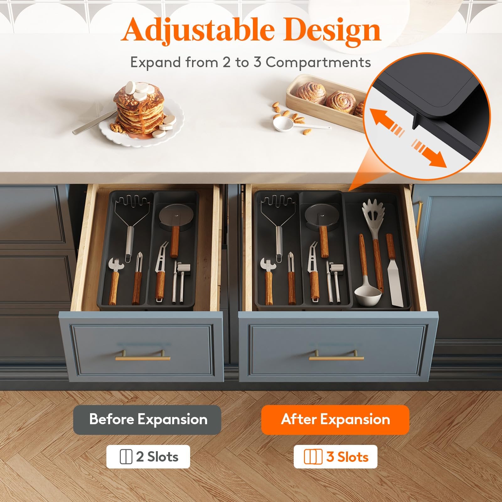 Expandable cutlery tray for kitchen utensils, 3 sections, black S83794