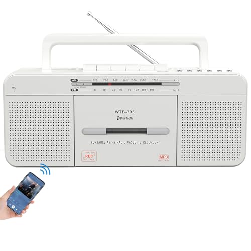 Cassette Player Recorder, Cassette Tape Player with Bluetooth, USB, Cassette Recorder to MP3 Converter,AM/FM Radio Stereo,Microphone,Earphone Jack,Portable AC/DC Powered,Cassette Player Boombox