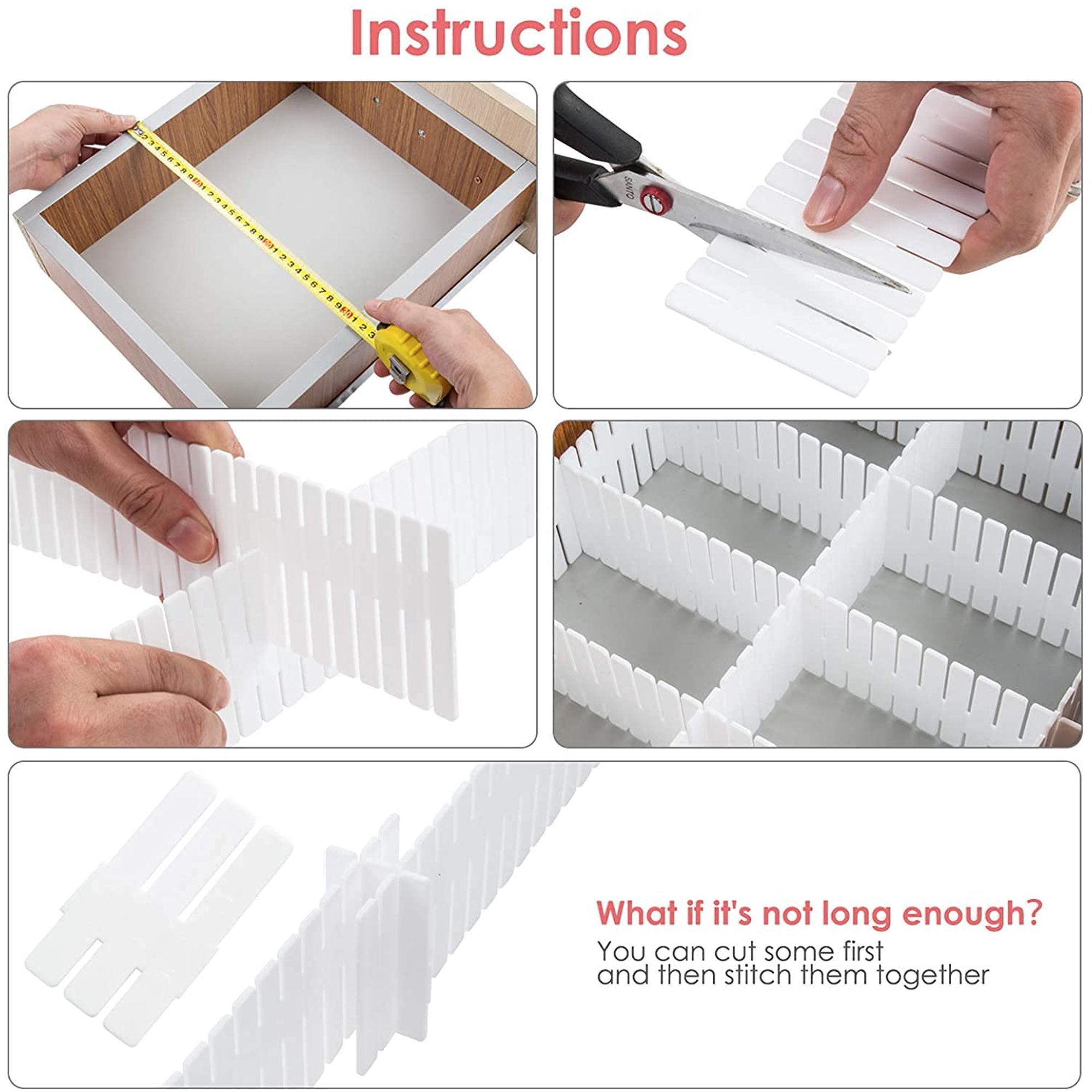 Drawer Dividers Organizer Set for Underwear Socks Makeup, Flexible Partition Tray for Dresser Cabinet Closet, White T240
