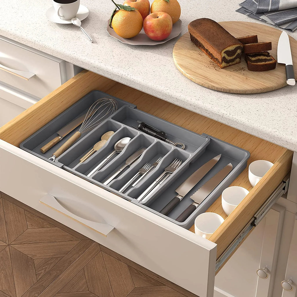 Expandable Utensil Tray for Kitchen, Adjustable Plastic Storage, Grey H767074