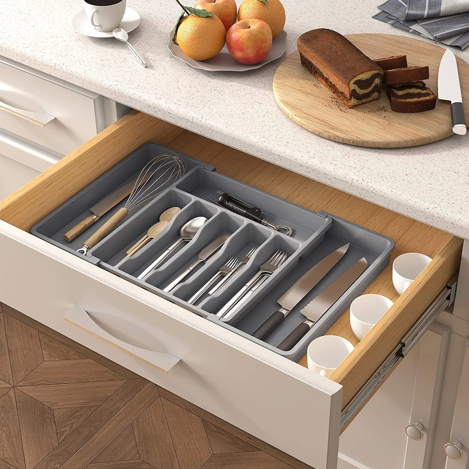 Expandable Utensil Tray for Kitchen, Adjustable Plastic Storage, Grey H767074