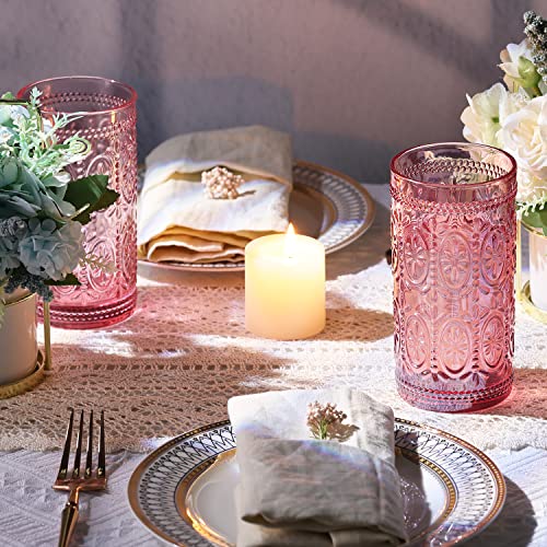 6 Pack Pink Glassware Drinking Glasses, 12oz Embossed Highball Cups Y65163