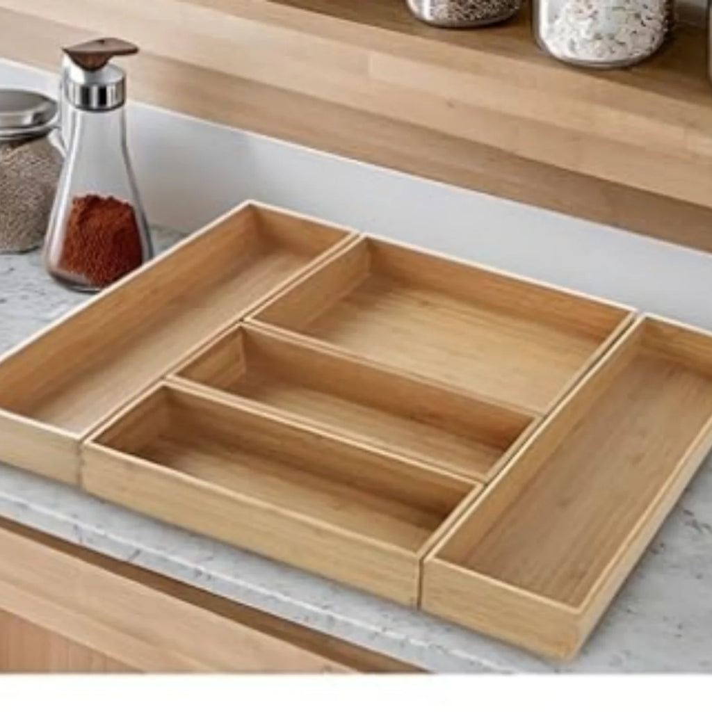 Bamboo Drawer Organizer Set of 5, Stackable Kitchen Utensil Storage Box F480