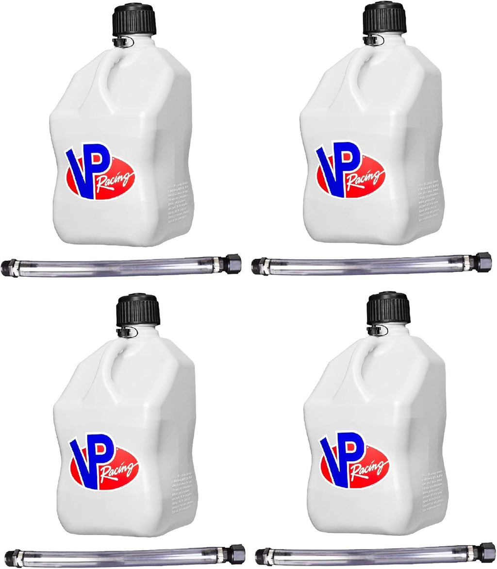 VP Racing Fuels 5-Gallon Square Motorsport Utility Container White w/ 14" Standard Hose (4 Pack) Close-Trimmed Cap and Neck for Tight Seal