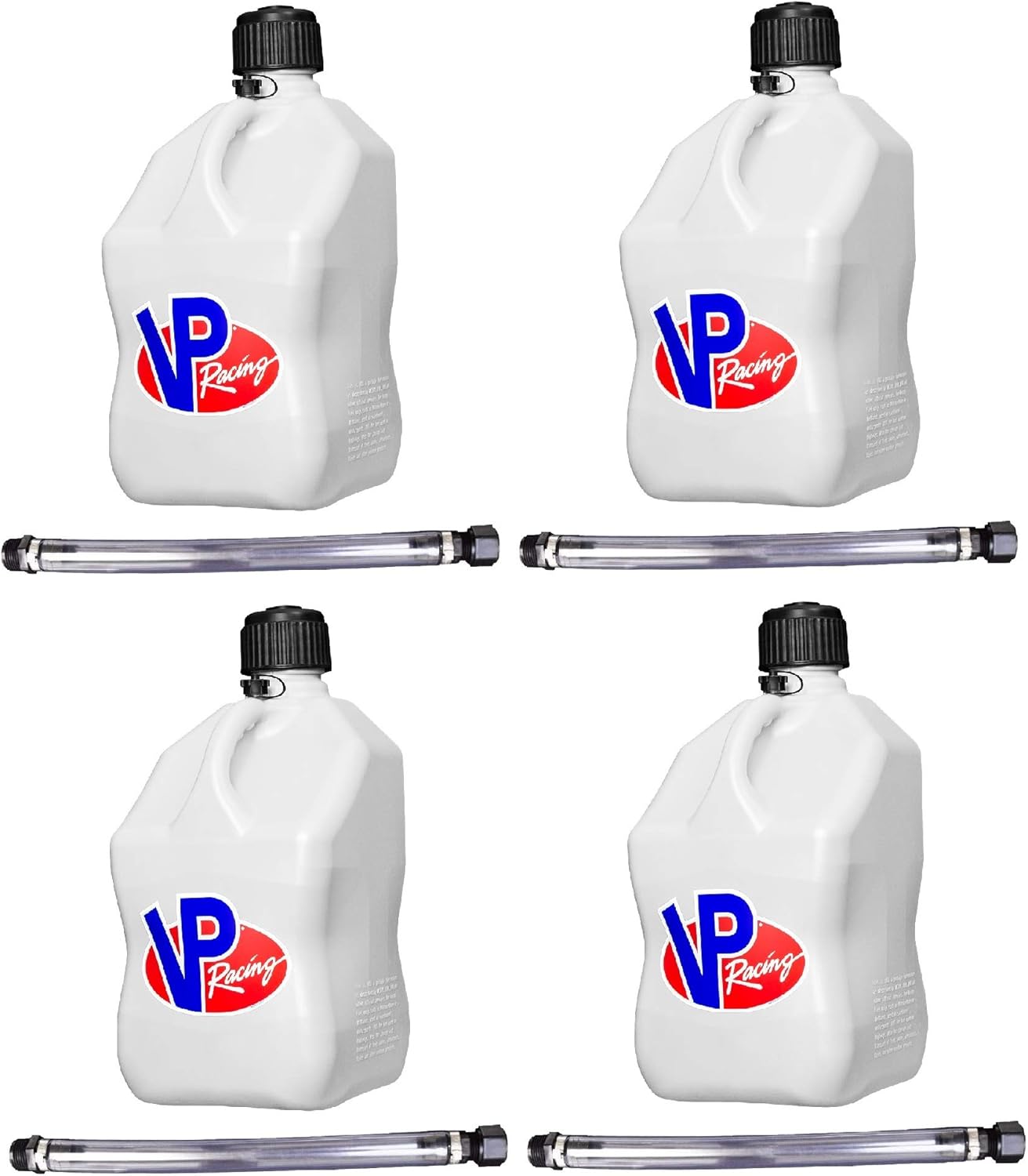 VP Racing Fuels 5-Gallon Square Motorsport Utility Container White w/ 14" Standard Hose (4 Pack) Close-Trimmed Cap and Neck for Tight Seal