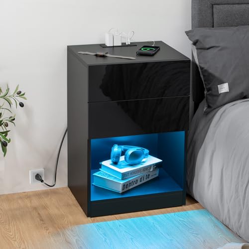 White LED Nightstand with Charging Station and Drawers V454