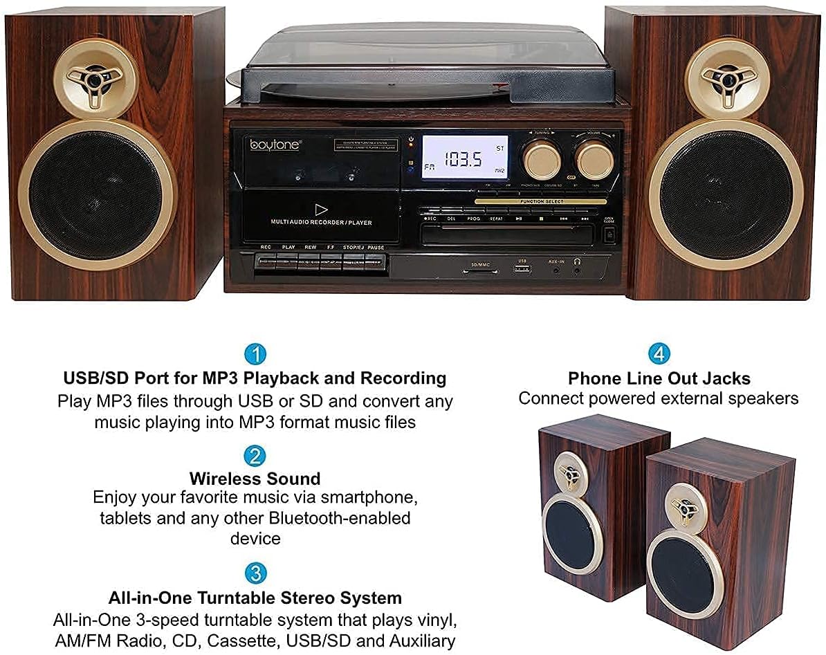 Bluetooth Record Player Turntable with AM/FM Radio, CD and Cassette Player V708