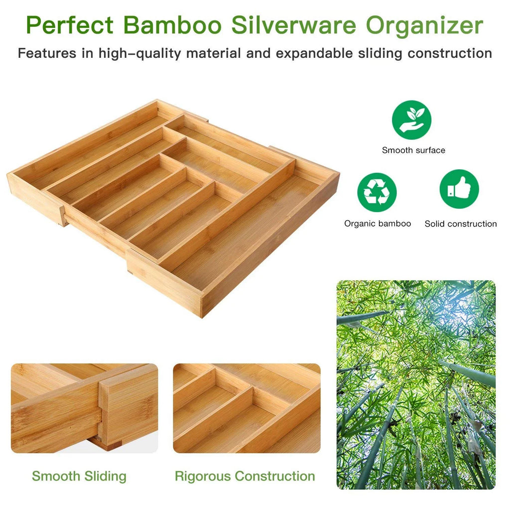 Bamboo Utensil Organizer, Expandable Cutlery Drawer Tray, Brown A1038