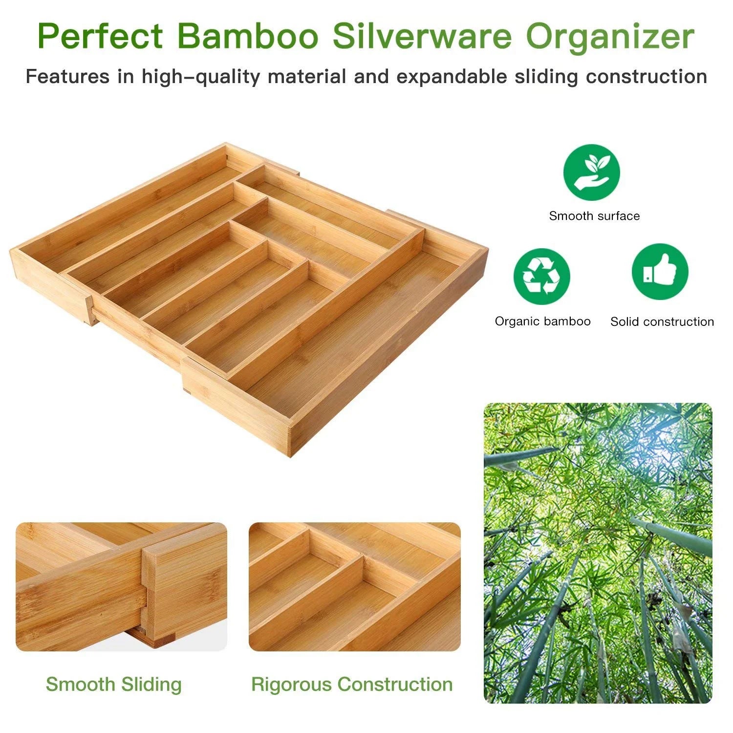 Bamboo Utensil Organizer, Expandable Cutlery Drawer Tray, Brown A1038