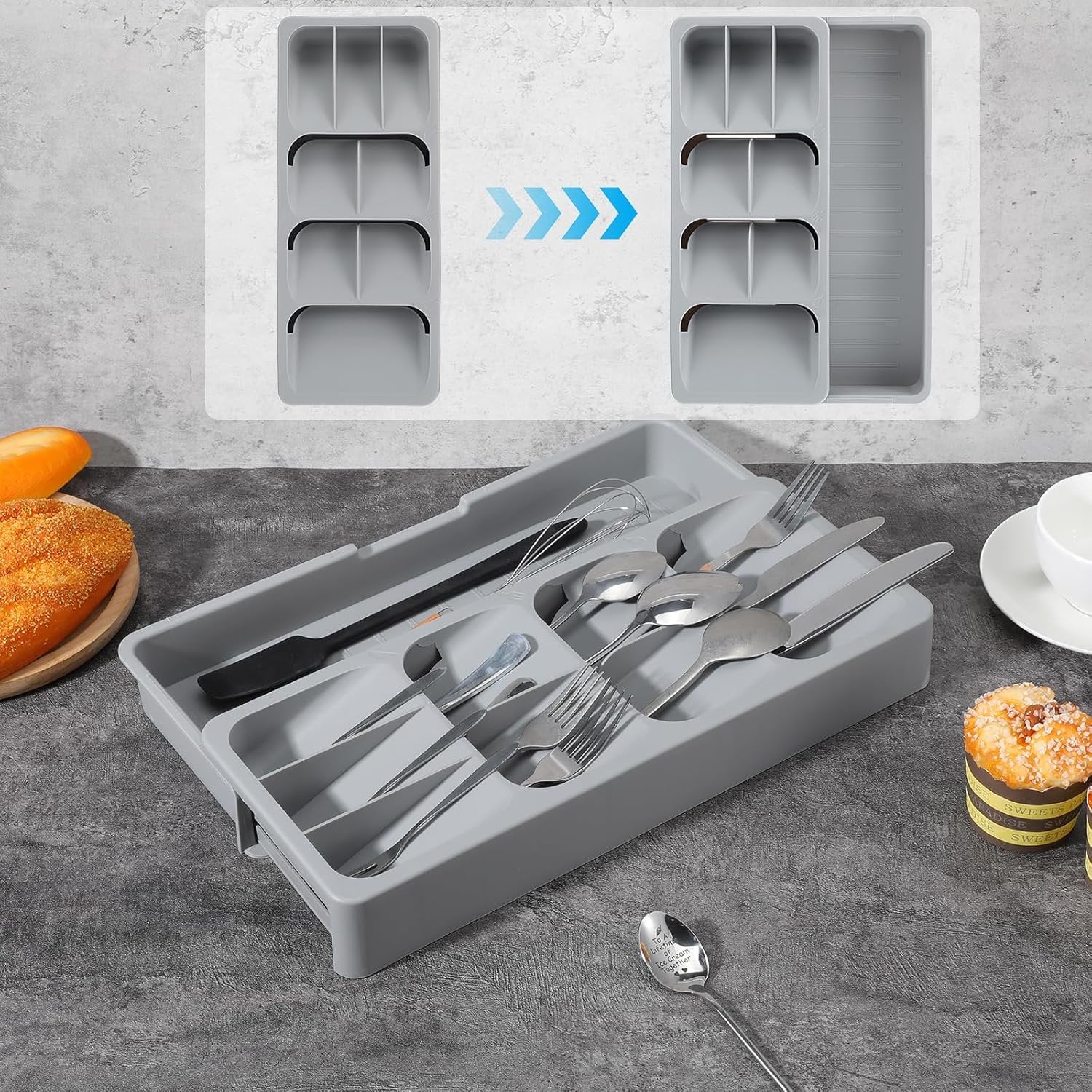 Expandable Kitchen Drawer Organizer, Adjustable Cutlery Tray, Gray E758