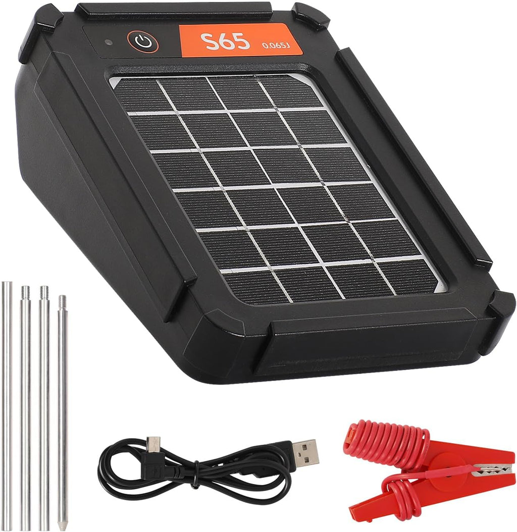 S65 0.065J Solar Electric Fence, 2 Miles Solar Fence Charger for Preventing Bears, Raccoons, Skunks Intruding, Solar Electric Fence Charger with Grounding Rod
