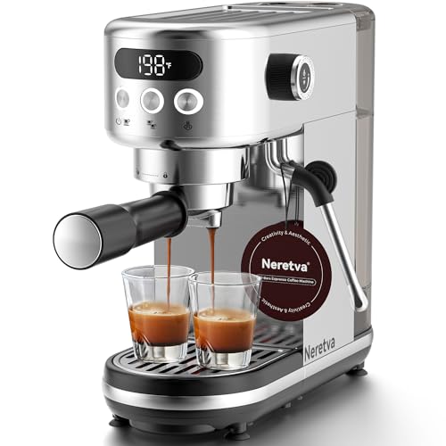 Neretva 20 Bar Espresso Machine, Super Compact Espresso Maker with LED Display & Milk Frother for Home Barista Stainless Steel Professional Coffee Machine Espresso Latte and Cappuccino Maker