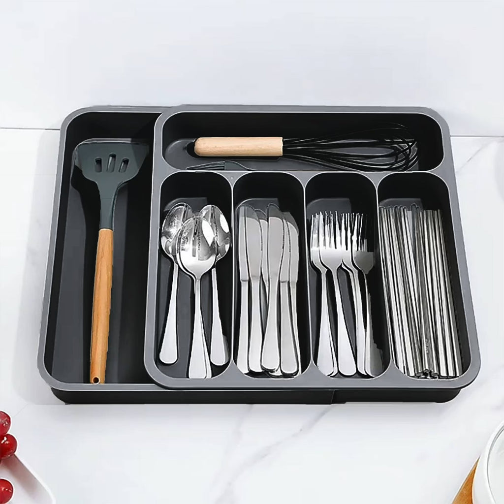 Silverware Drawer Organizer, Expandable Utensil Tray for Kitchen, BPA Free Flatware and Cutlery Holder, Adjustable Plastic Storage for Spoons Forks Knives, Large, Black
