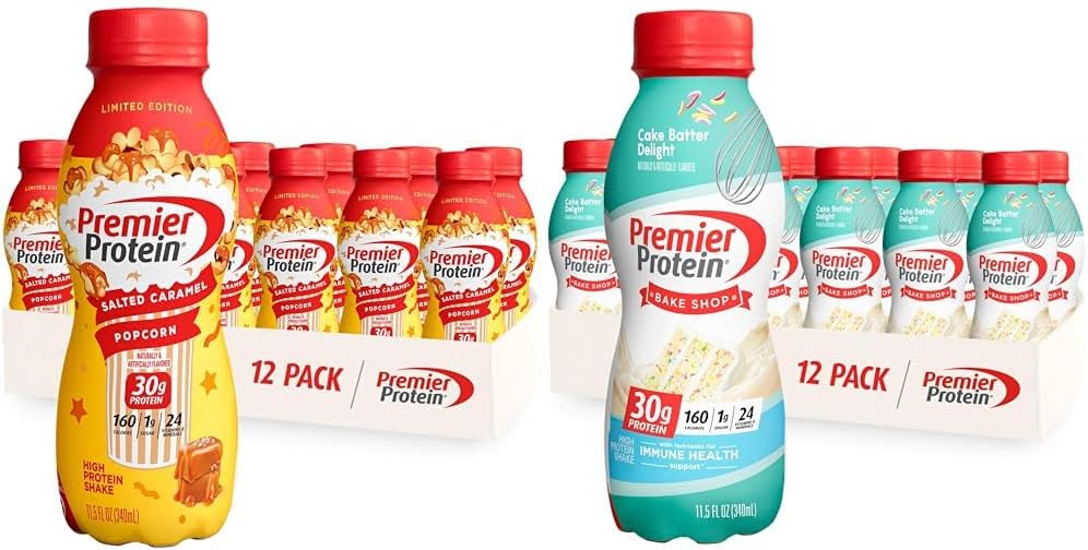 Premier Protein Shake Limited Edition Salted Caramel Popcorn and Cake Batter, 30g Protein 1g Sugar 24 Vitamins Minerals Nutrients 12 Pack