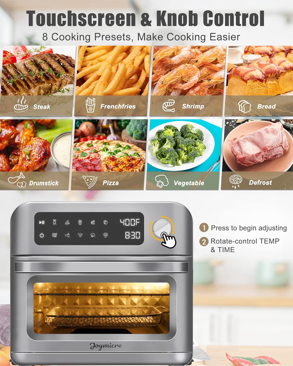 Air Fryer Toaster Oven, 12QT Touchscreen Convection Countertop Oven, 8 Cooking Presets, Grey K23394