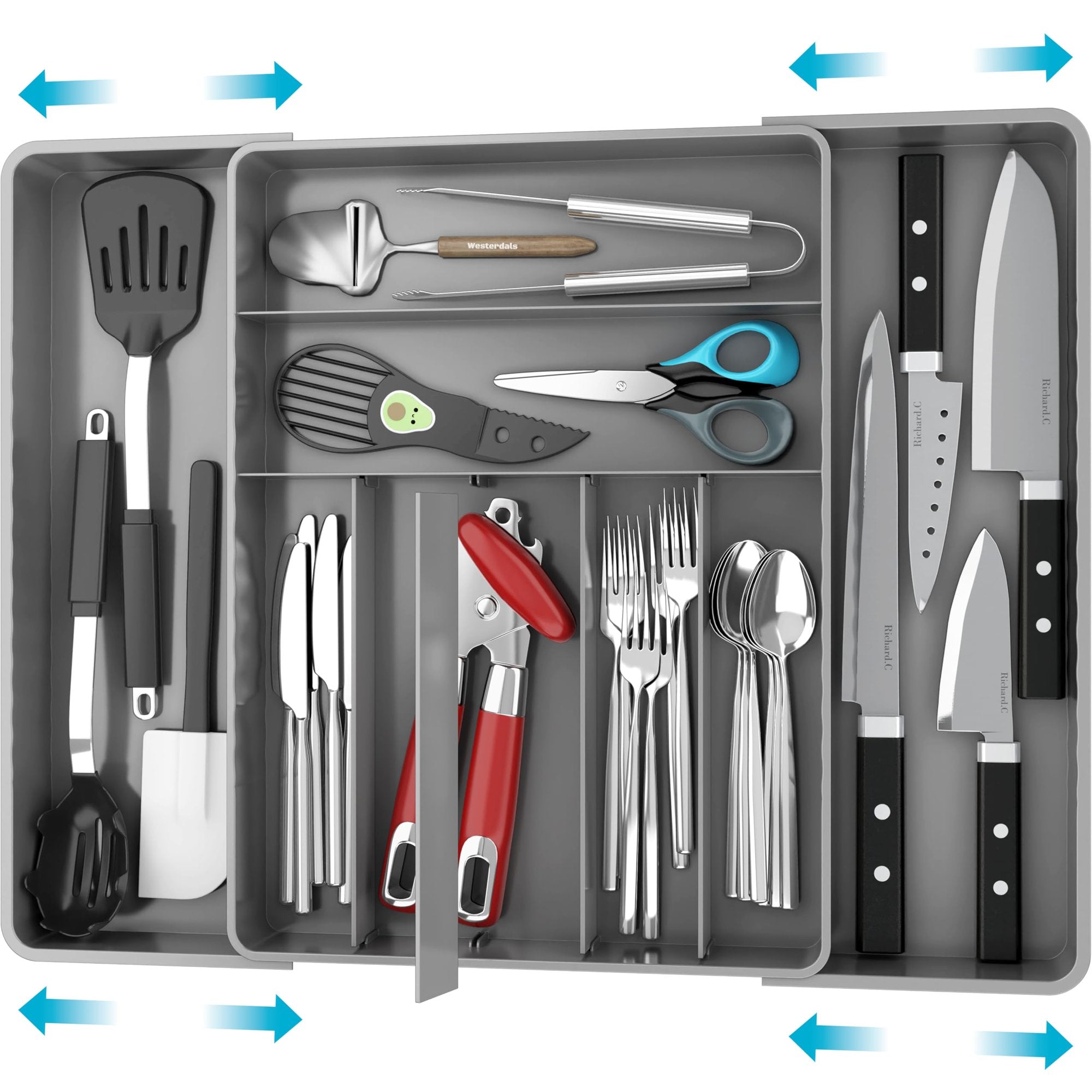Silverware organizer for kitchen drawers, 9 compartment expandable cutlery tray, adjustable width fits most drawers, durable plastic design, gray