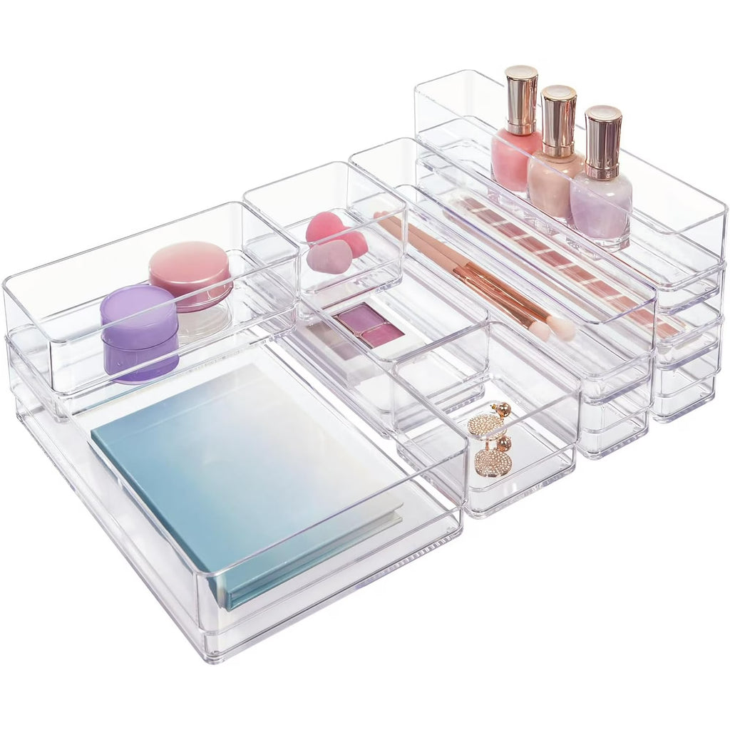 10-piece stackable transparent drawer organizer set | Multi-size tray | Dressing table storage box and desk drawer partition