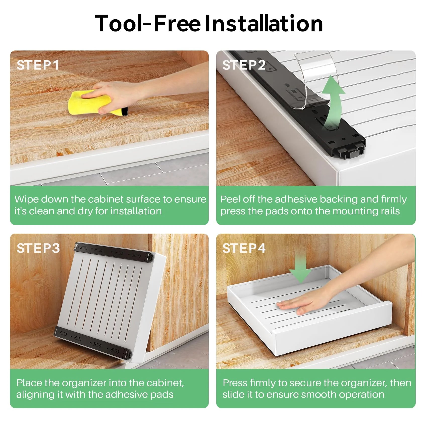 Cabinet Pull Out Drawer Shelf, No Drill Adhesive Mount, White C665631