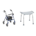 Drive Medical 10257BL-1 4 Wheel Rollator Walker with Seat, Steel Rolling Walker, Height Adjustable, 7.5" Wheels, Blue & RTL12027RA 2-in-1 Raised Toilet Seat with Removable Padded Arms, Standard Seat