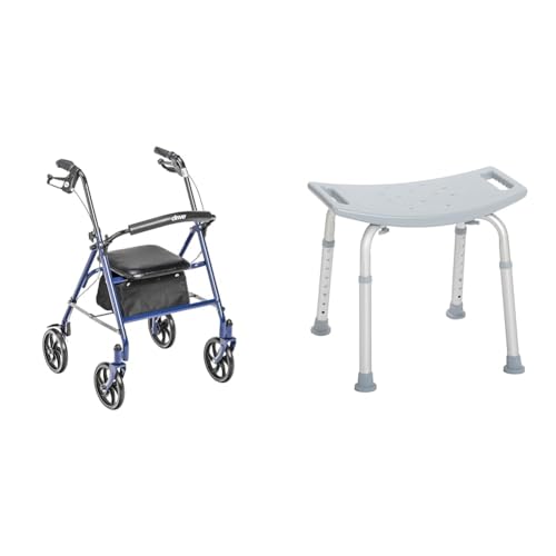 Drive Medical 10257BL-1 4 Wheel Rollator Walker with Seat, Steel Rolling Walker, Height Adjustable, 7.5" Wheels, Blue & RTL12027RA 2-in-1 Raised Toilet Seat with Removable Padded Arms, Standard Seat