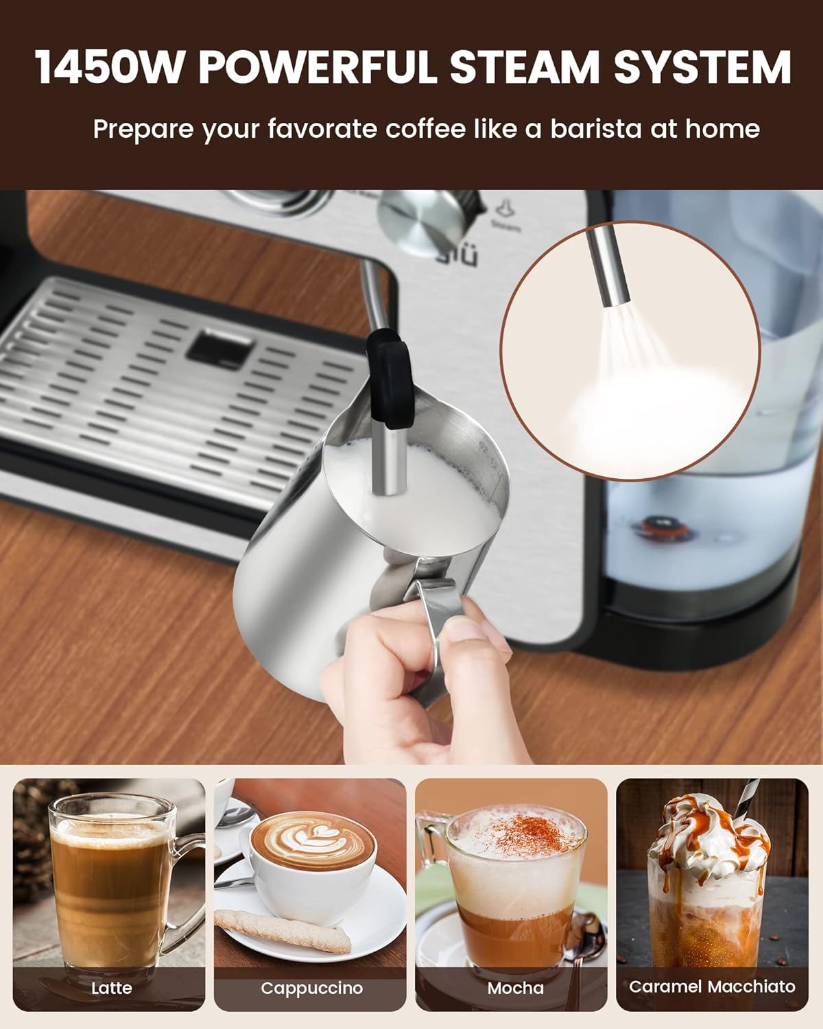 Espresso Machine 20 Bar with Milk Frother, Semi-Automatic Coffee Maker S1860