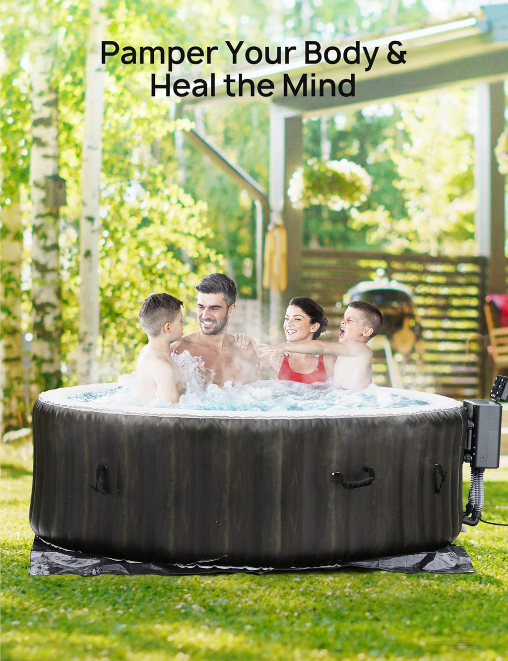 Portable Inflatable Hot Tub with LED and Heater Pump, 140 Air Jets, 4-6 Adults T698054