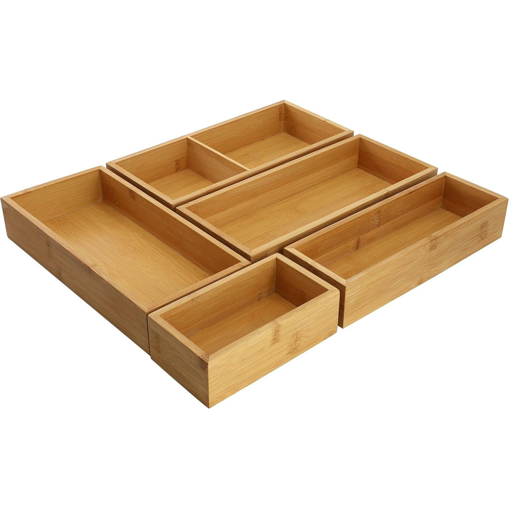 5 Piece Bamboo Wood Drawer Organizer Tray, Utensil Storage, Desk Drawer Storage (5 Piece Trays)