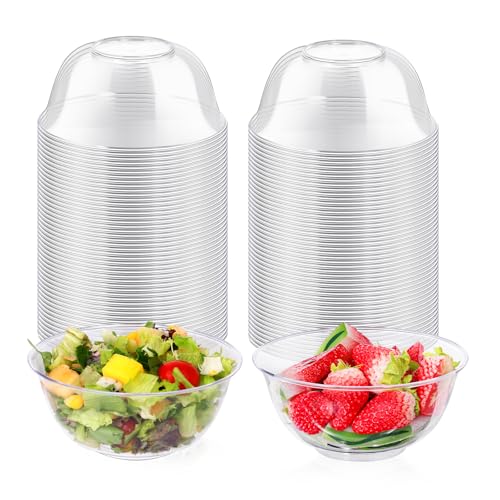 mwellewm 12 oz Clear Plastic Bowls 100 Pack Disposable Ice Cream Dessert Serving Salad Hard Small Bowls for Party Catering Fruits Parfaits Snacks