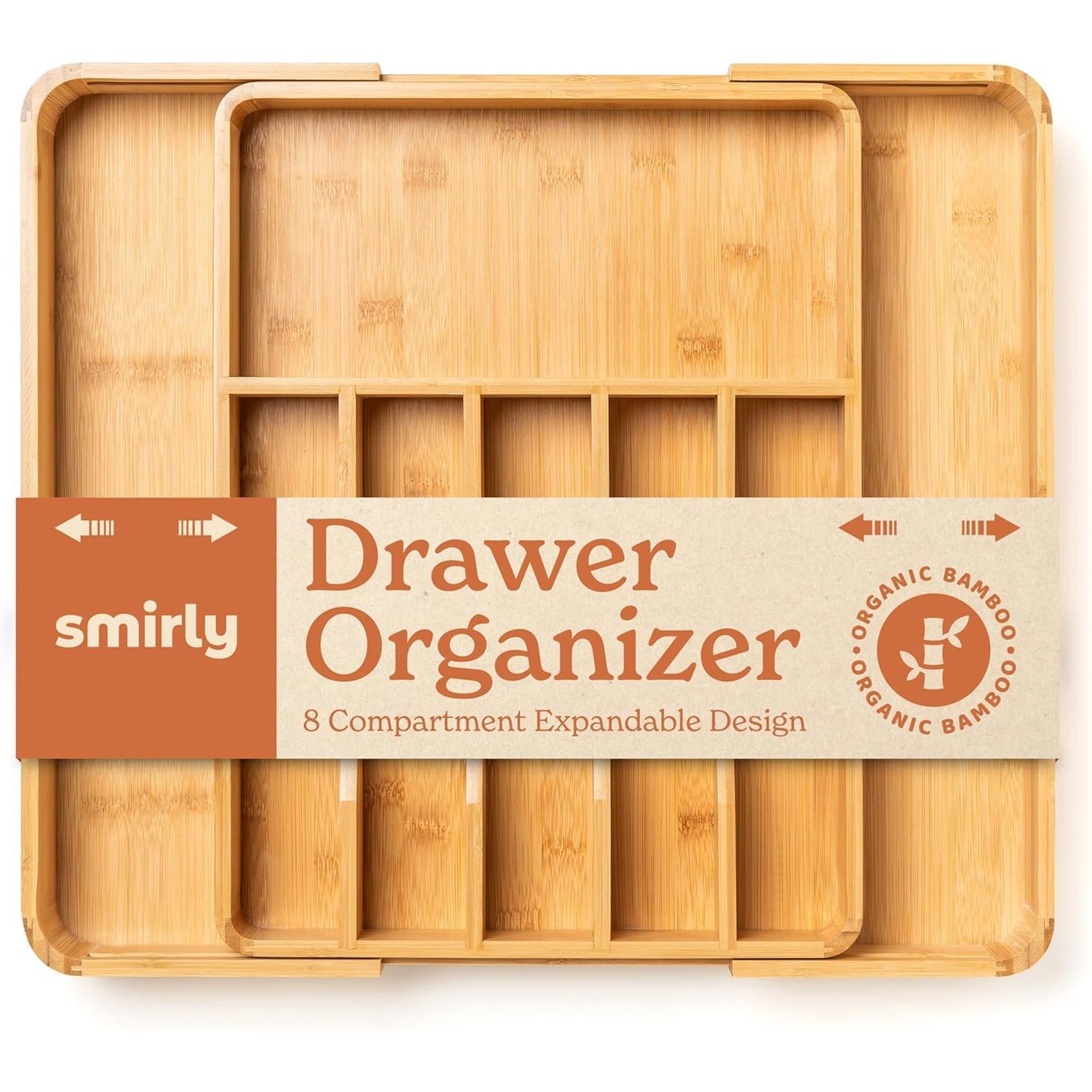 Kitchen Drawer Organizer Bamboo Adjustable Utensil Tray, 8-Compartment Silverware Holder for Forks Spoons Knives, Storage Dividers for Flatware, Brown