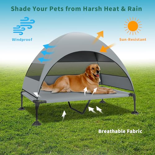 Elevated Dog Bed with Canopy, Raised Outdoor Cot, Removable Shade Tent, Large Grey O9328