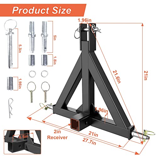 2" Trailer Hitch Receiver Orange for Category 1 Tractors, Heavy Duty Towing Drawbar Attachment N79187