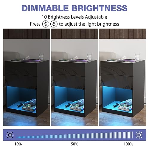 White LED Nightstand with Charging Station and Drawers V454